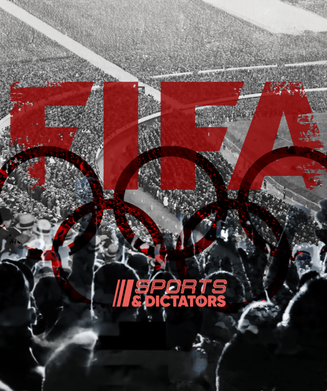 FIFA and olympic rings highlight a black and white stadium representing the history of sports and dictators
