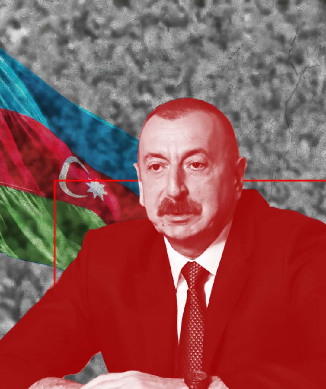 Azerbaijan president Ilham Aliyev with a waving Azerbaijani flag in the background