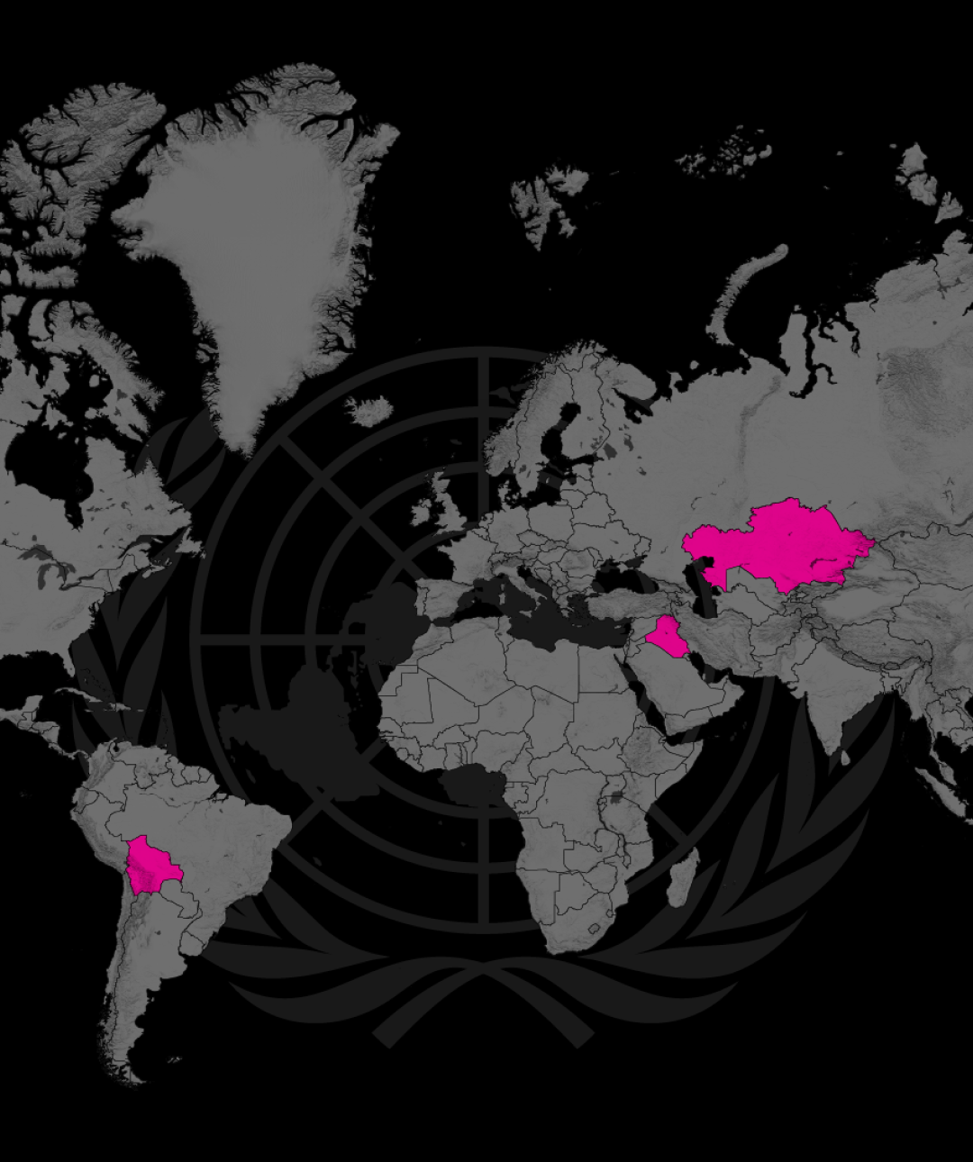 World map highlighting Bolivia, Iraq, and Kazakhstan.