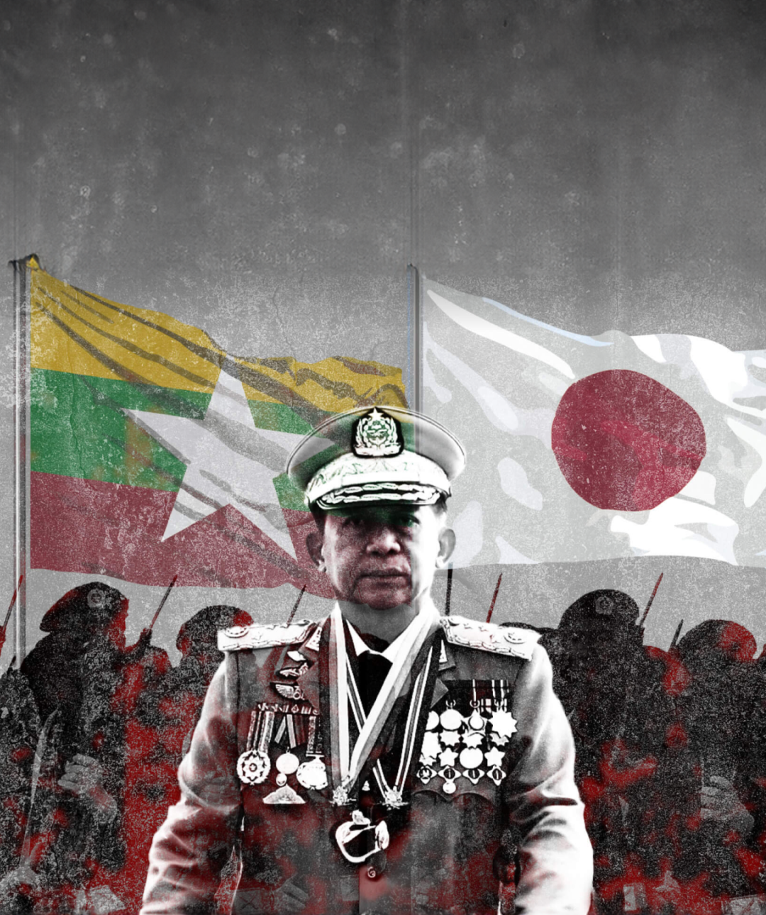 Myanmar junta leader Min Aung Hlaing in military uniform with the Japanese and Burmese flags held by military troops in the background