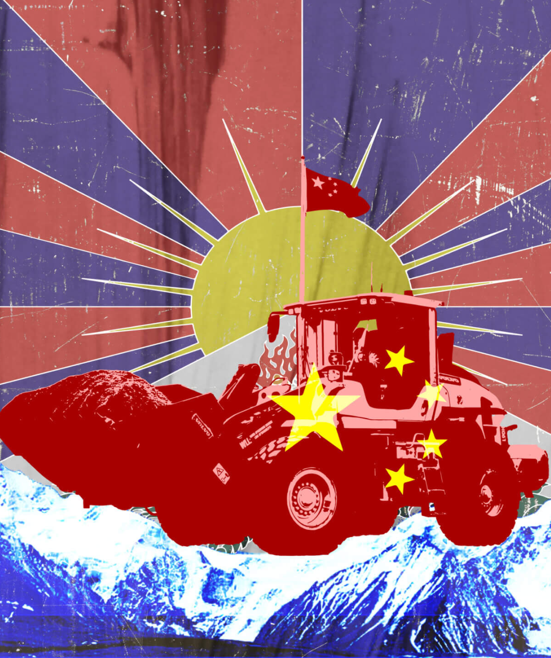 Chinese Communist party themed Tractor driving through a Tibetan theme landscape