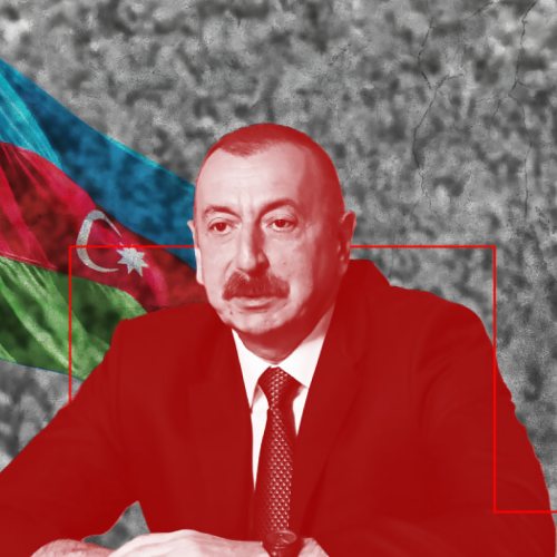 Azerbaijan president Ilham Aliyev with a waving Azerbaijani flag in the background