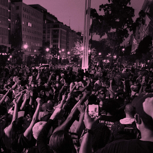 Crowd of protests with raised fists