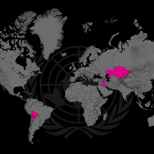 World map highlighting Bolivia, Iraq, and Kazakhstan.