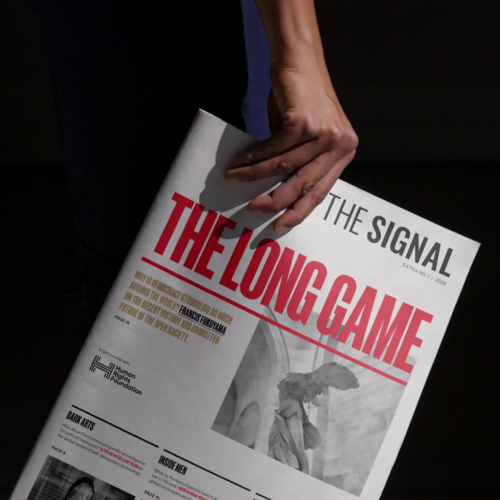 HRF x The Signal "The Long Game" newspaper with black background