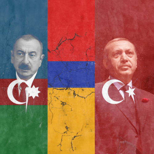 Azerbaijan president Ilham Aliyev and Turkish president Recep Tayyip Erdoğan with the flags of Turkey, Azerbaijan and Armenia in the background.