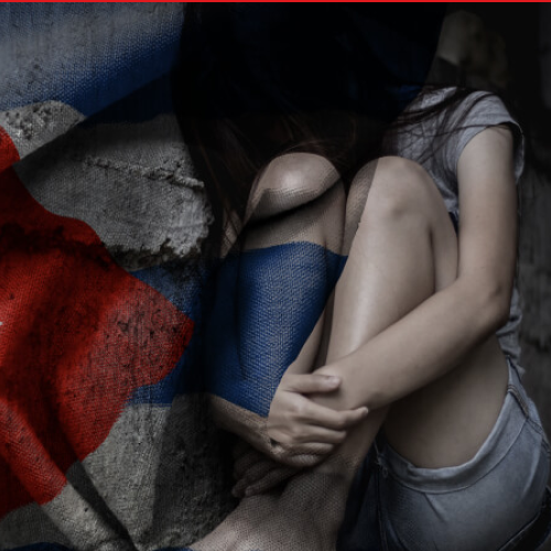 HRF Report - Sex Trafficking in Cuba header representing a girl hiding in a corner with the backdrop of the cuban flag