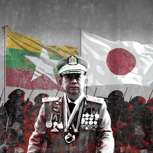 Myanmar junta leader Min Aung Hlaing in military uniform with the Japanese and Burmese flags held by military troops in the background