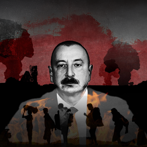 Azerbaijani president Ilham Aliyev with shadows of displaced migrants and explosions