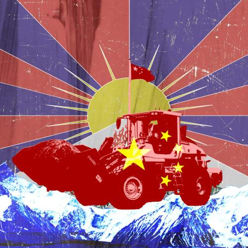 Chinese Communist party themed Tractor driving through a Tibetan theme landscape