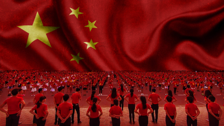 Beyond Borders HRF blog post header featuring a large crowd united under the Chinese flag