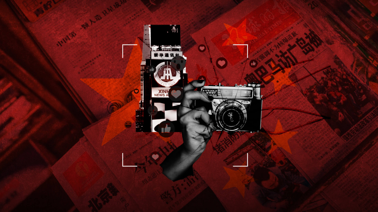 HRF blog post Beyond Borders: China’s Grip on Global Media's header depicting a camera with a Chinese newspaper in the background.