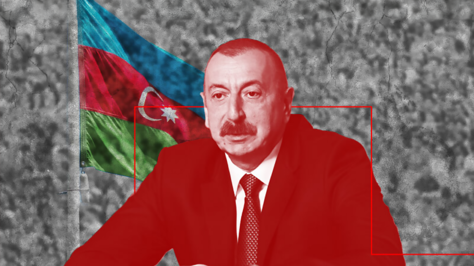 Azerbaijan president Ilham Aliyev with a waving Azerbaijani flag in the background