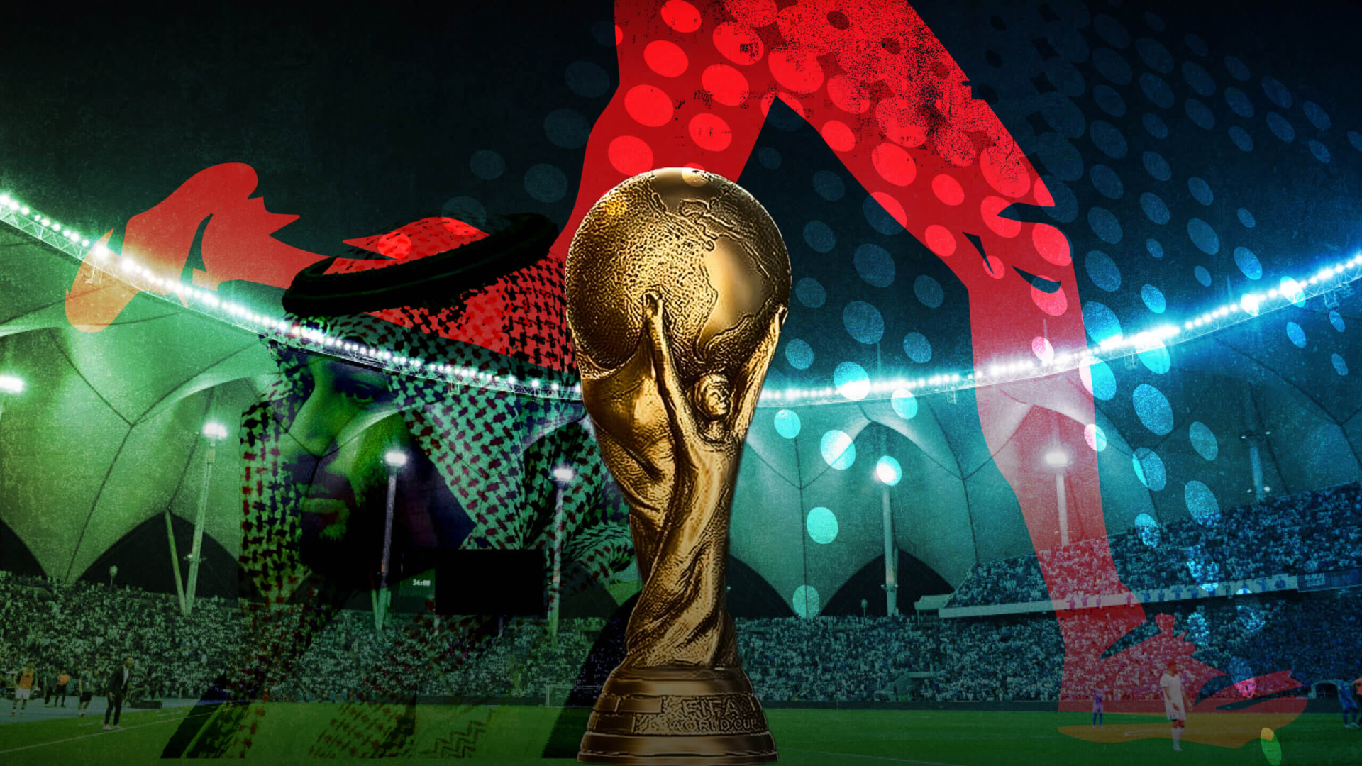 FIFA World Cup trophy with Saudi Crown Prince Mohammed Bin-Salman overlooking it