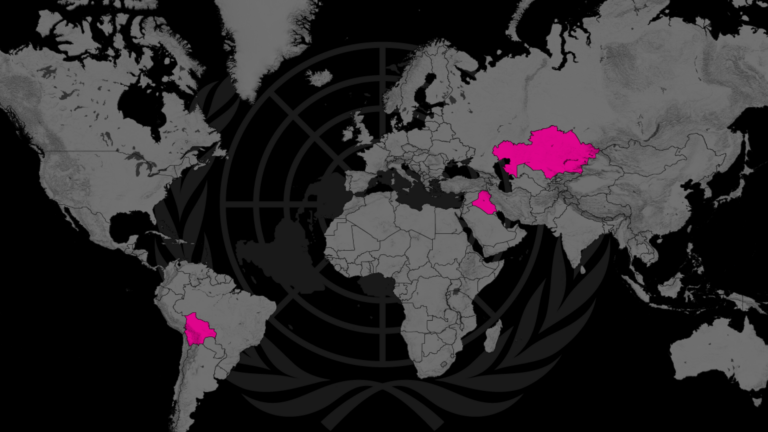 World map highlighting Bolivia, Iraq, and Kazakhstan.