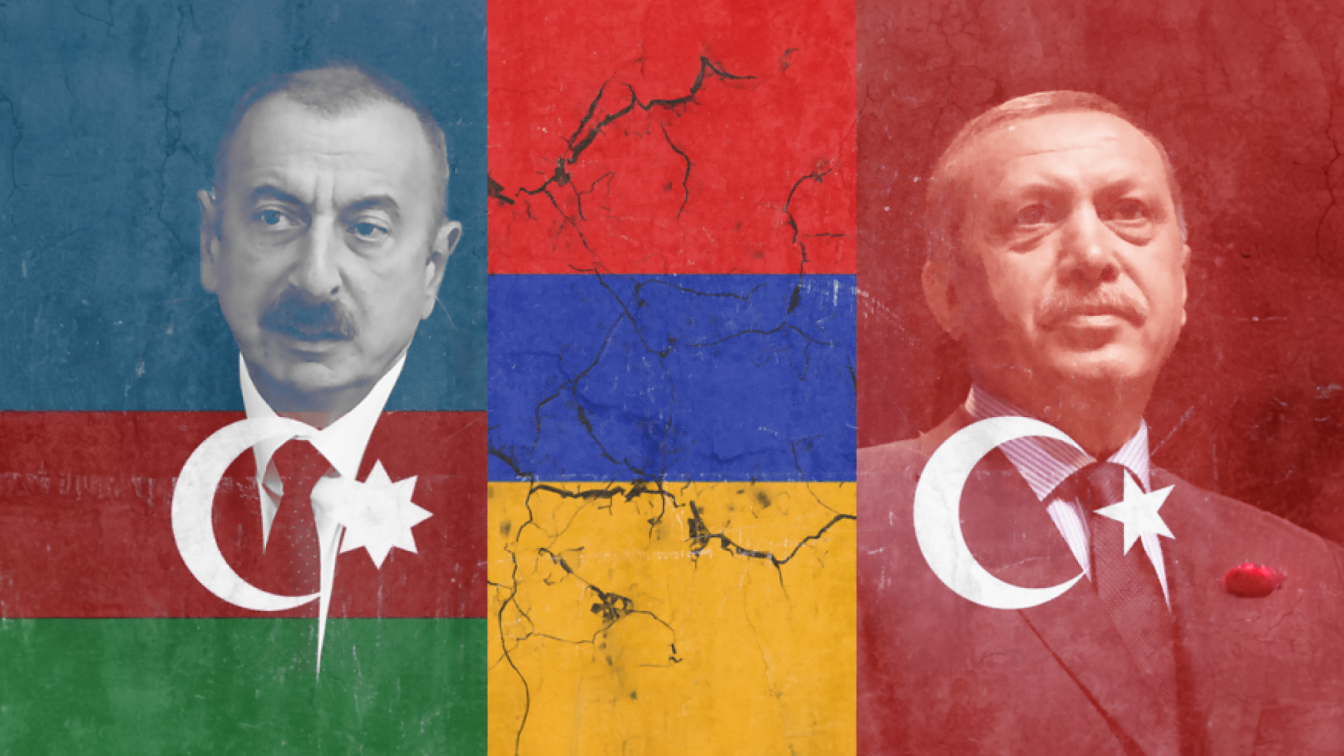 Azerbaijan president Ilham Aliyev and Turkish president Recep Tayyip Erdoğan with the flags of Turkey, Azerbaijan and Armenia in the background.