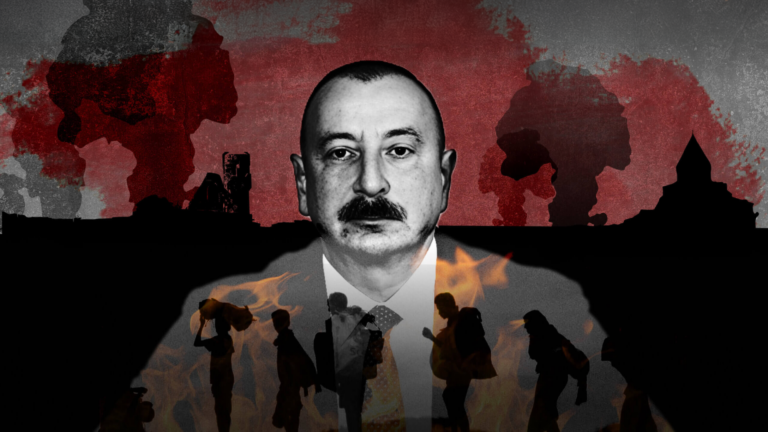 Azerbaijani president Ilham Aliyev with shadows of displaced migrants and explosions