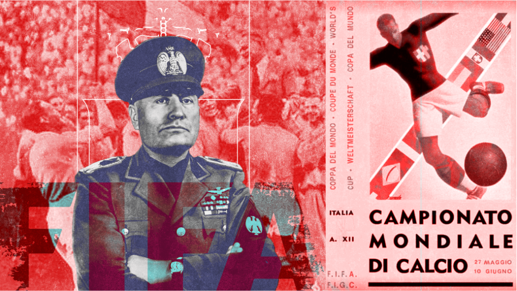 Mussolini with shades of the FIFA World Cup and football in the background