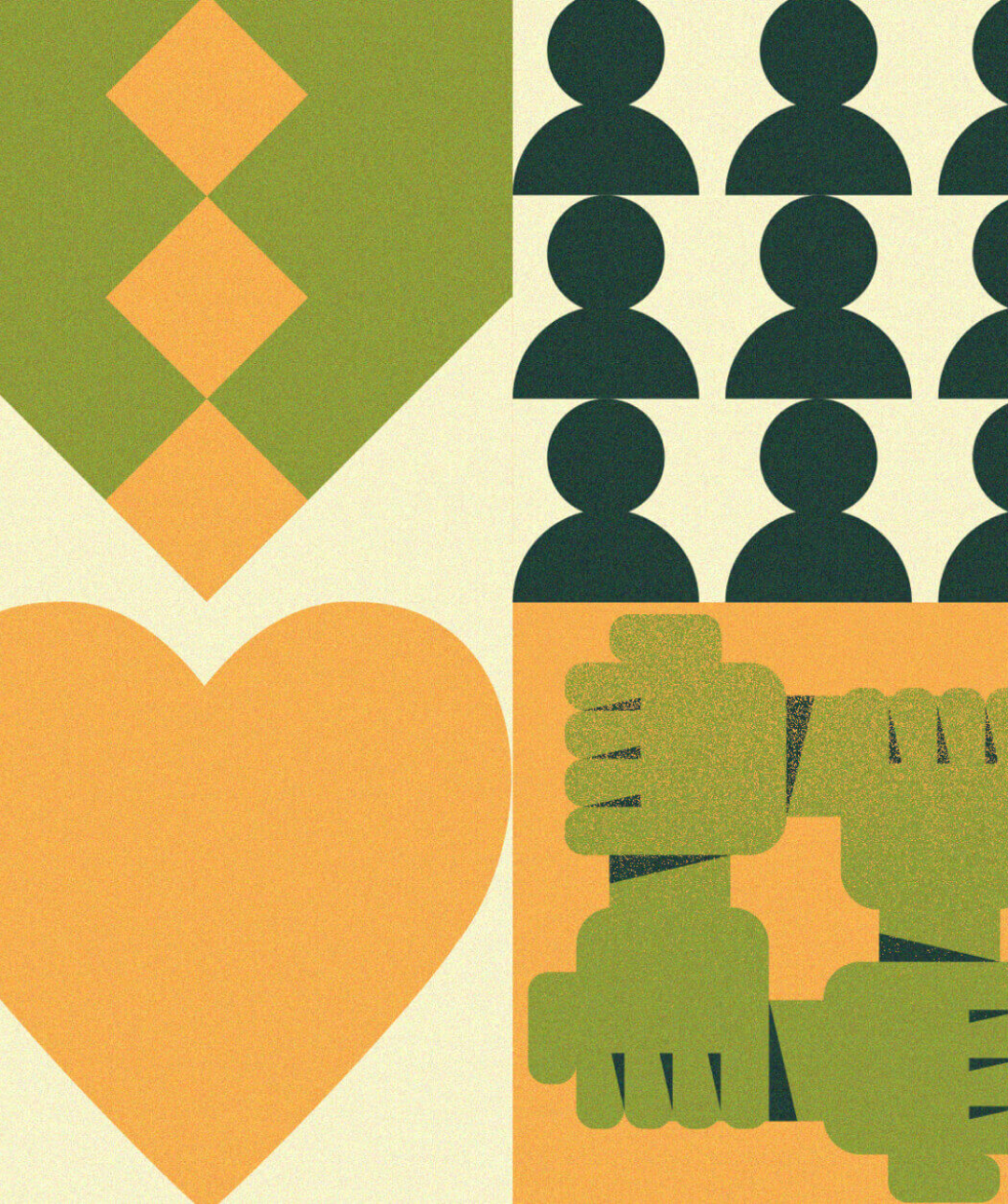 Green and yellow header image featuring many icons defining solidarity and unison