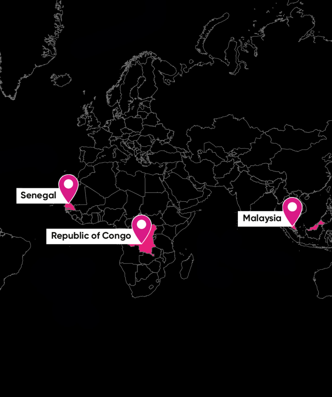 Map with black background highlighting Congo, Malaysia and Senegal in pink.