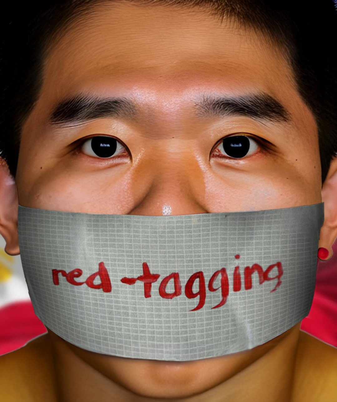 Man with duct tape covering his mouth reading "red tagging" with the Philippines flag in the background.