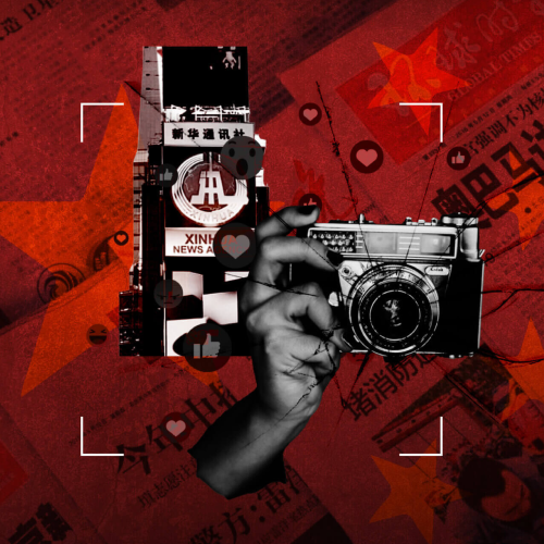 HRF blog post Beyond Borders: China’s Grip on Global Media's header depicting a camera with a Chinese newspaper in the background.