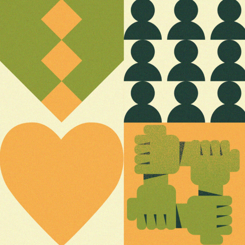 Green and yellow header image featuring many icons defining solidarity and unison