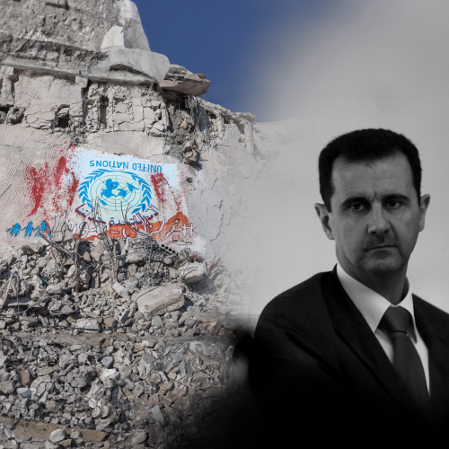 Syrian president Bashar al-Assad behind crumbling mountain