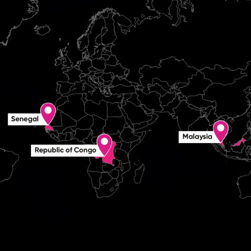 Map with black background highlighting Congo, Malaysia and Senegal in pink.