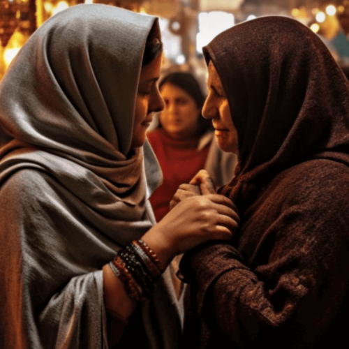 Powerful image depicting two Iranian women consoling each other