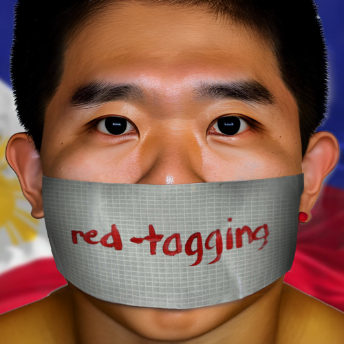 Man with duct tape covering his mouth reading "red tagging" with the Philippines flag in the background.