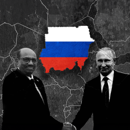 Sudanese president Omar al-Bashir and Russian president Vladimir Putin shaking hands.