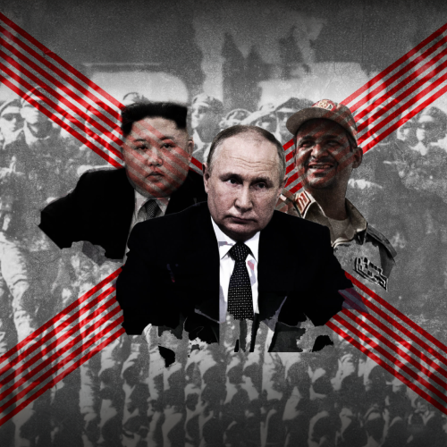 The 2023 Dictators’ Playbook blog series header featuring Vladimir Putin, Kim Jong-Un and more.