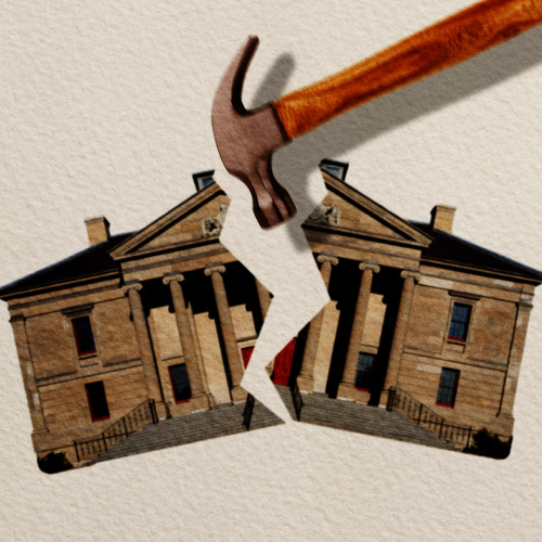 Blog post header image featuring a hammer smashing courthouse in half