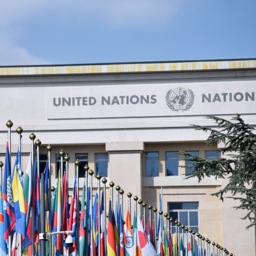 United Nations headquarter with flags lined up