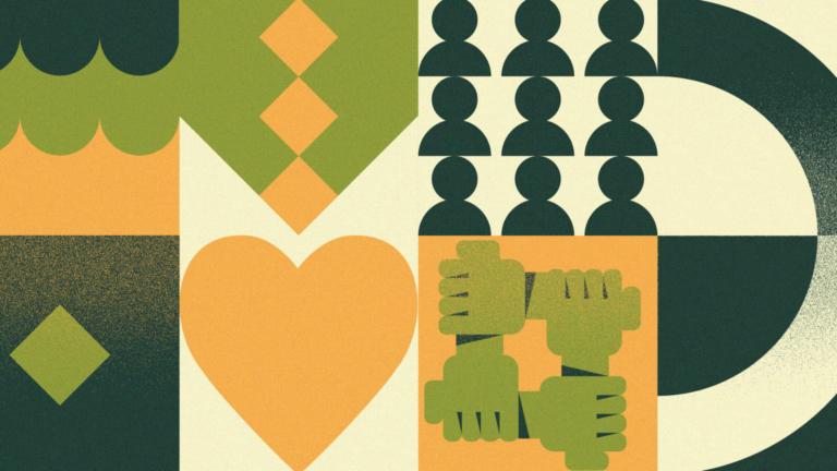 Green and yellow header image featuring many icons defining solidarity and unison