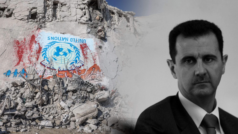 Syrian president Bashar al-Assad behind crumbling mountain