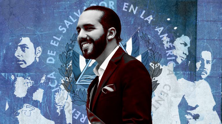 El Salvador president Nayib Bukele with the country's flag as a background.