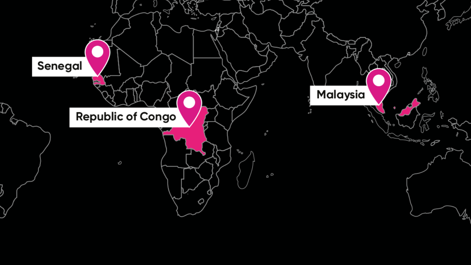 Map with black background highlighting Congo, Malaysia and Senegal in pink.