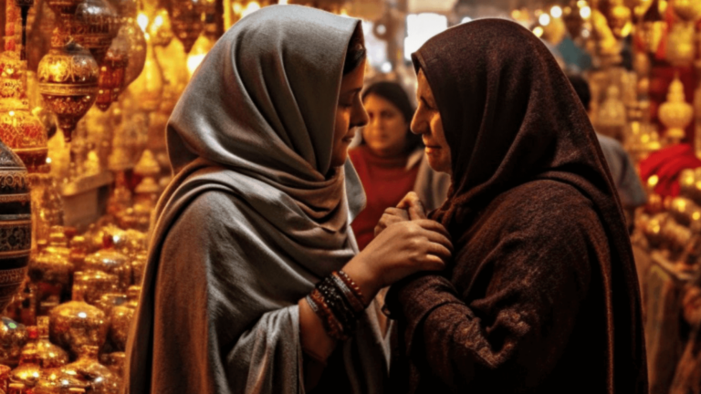 Powerful image depicting two Iranian women consoling each other