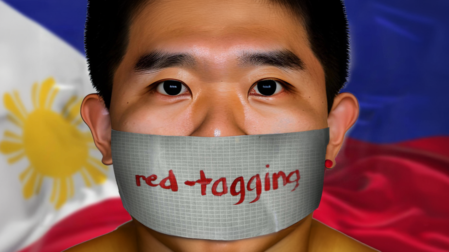 Man with duct tape covering his mouth reading "red tagging" with the Philippines flag in the background.