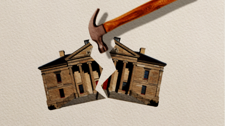 Blog post header image featuring a hammer smashing courthouse in half