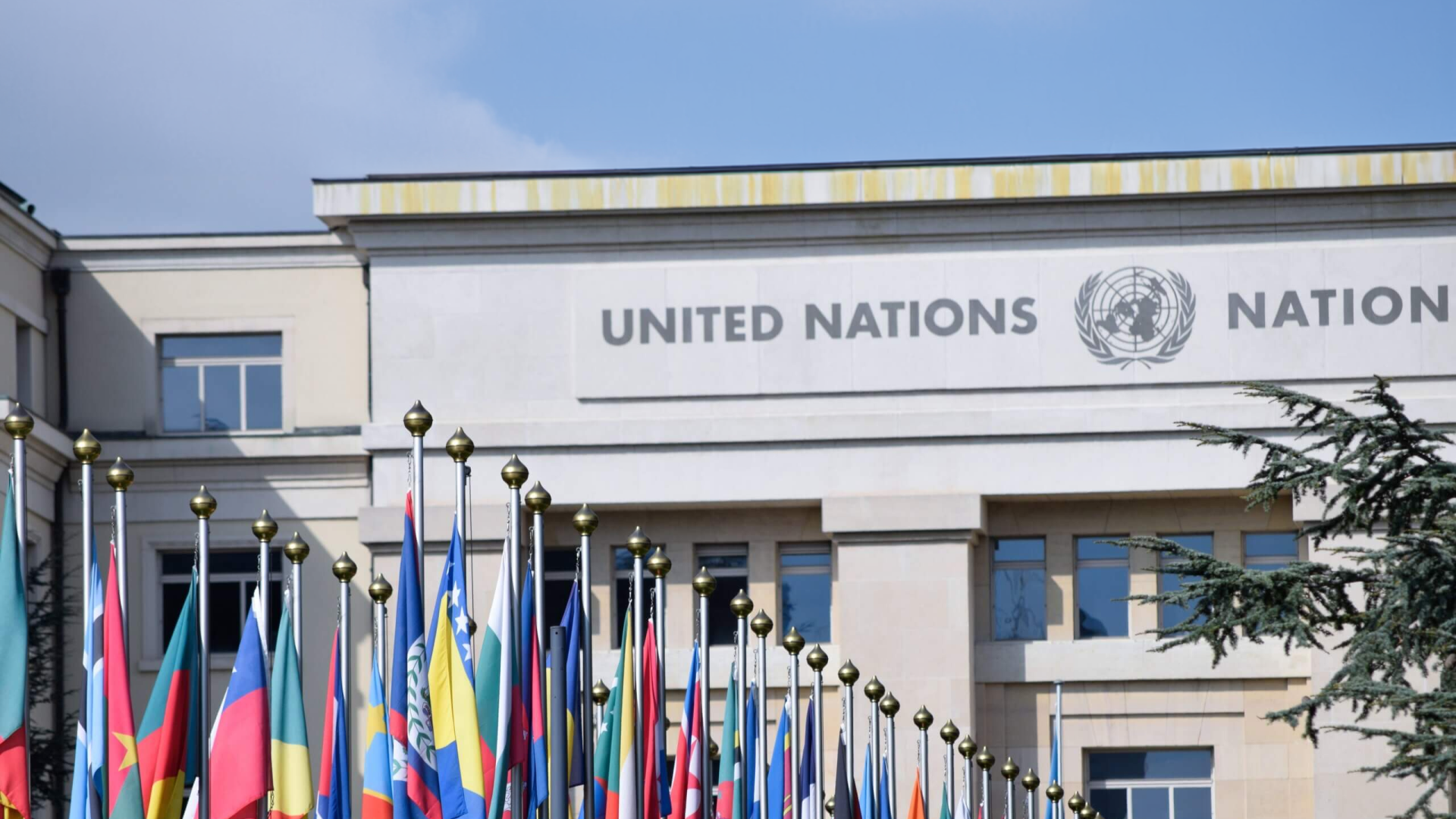 United Nations headquarter with flags lined up