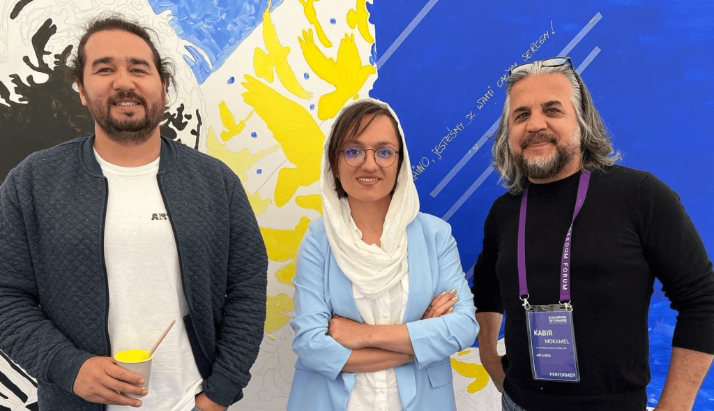 Zarifa Ghafari, 2022 Oslo Freedom Forum speaker, and exiled Afghan activist and politician, contributed to the mural alongside ArtLords founders Omaid Sharifi and Kabir Mokamel.