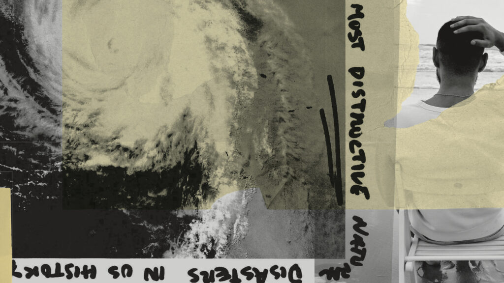 Houston hurricane aerial shot with text black and white