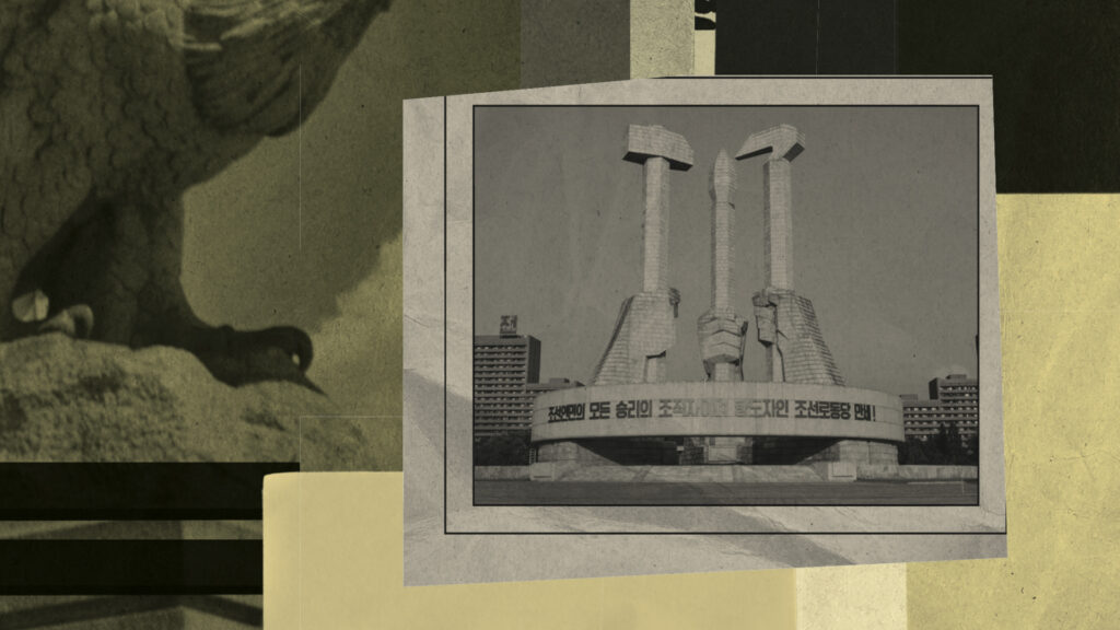 North Korean monument to party founding black and white