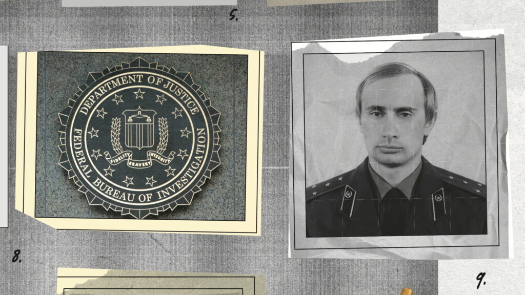 Image of FBI emblem next to an image of a young Vladimir Putin. Black and White