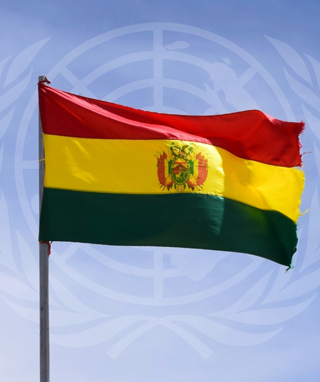 Bolivian flag with UN symbol in background