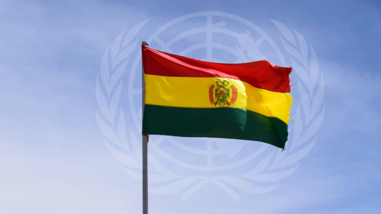 Bolivian flag with UN symbol in background