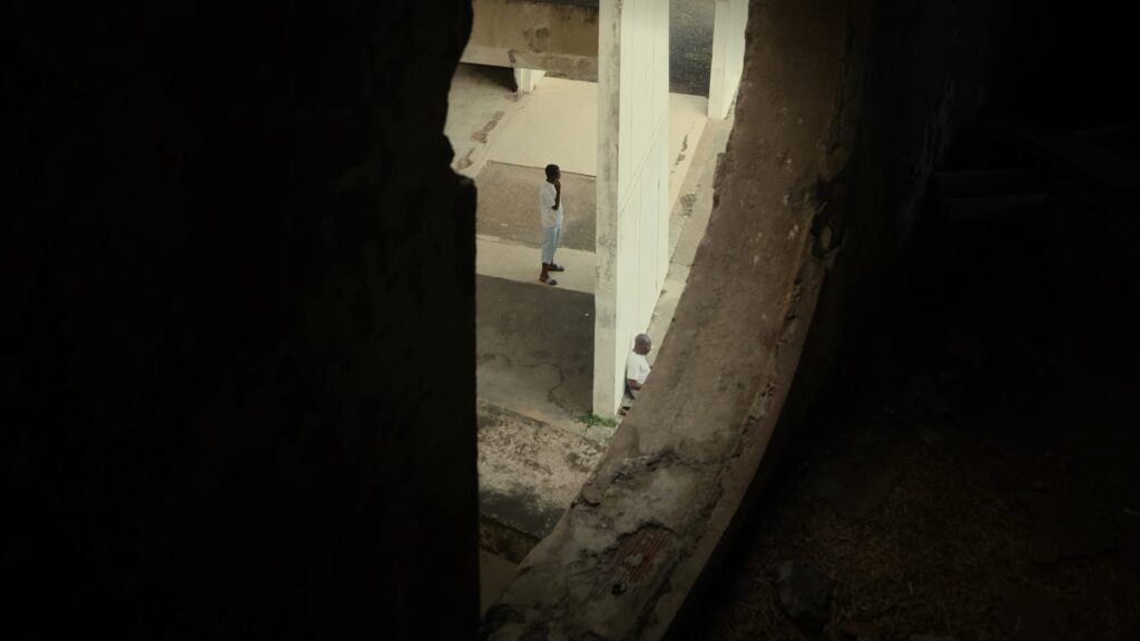 Aerial shot of Togolese people through a building